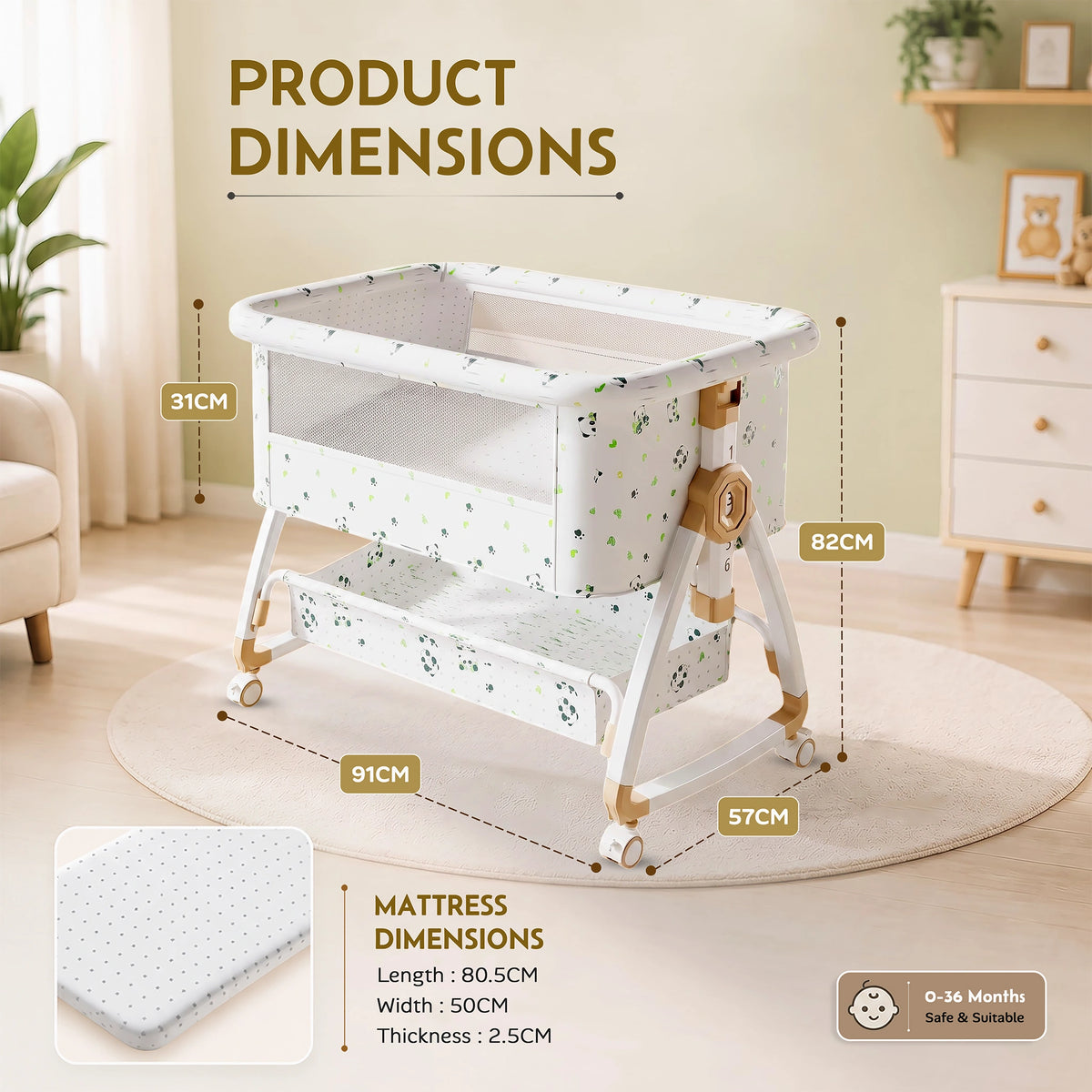 CareIt Multi-Functional Foldable Baby Cot & Bedside Bassinet with Memory Foam Mattress – Panda Print (White)