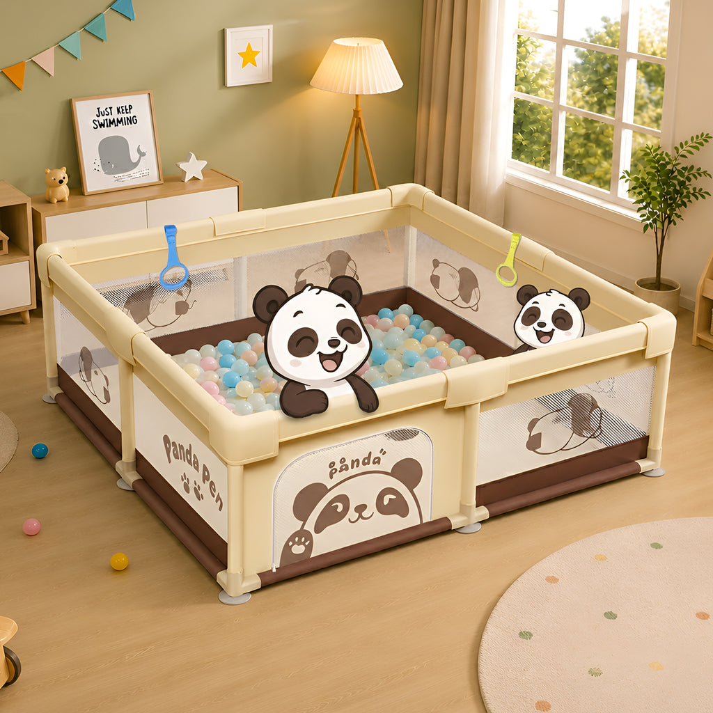 CAREIT Panda Baby Playpen 150 x 150 cm | Safe Baby Play Yard with Breathable Mesh & Zipper Door