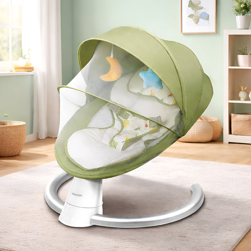 CAREIT Automatic Baby Swing Rocker with 5 Swing Angles, Bluetooth Music, Remote &amp; Touch Control, 3 Timer Modes, Mosquito Net, Washable Seat Cover &amp; 12 KG Capacity – Green