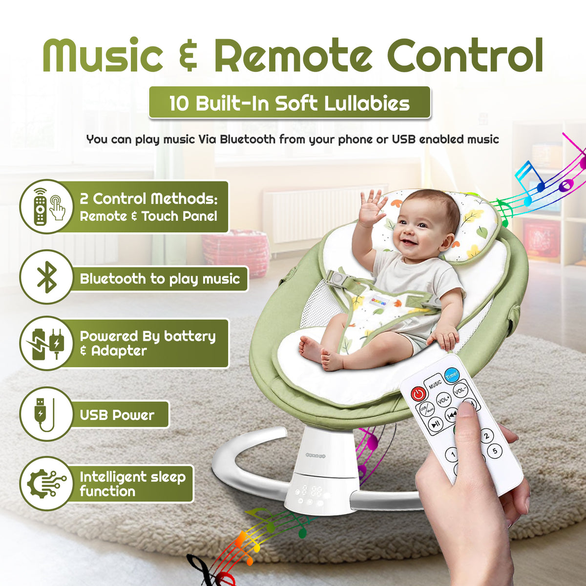 CAREIT Automatic Baby Swing Rocker with 5 Swing Angles, Bluetooth Music, Remote &amp; Touch Control, 3 Timer Modes, Mosquito Net, Washable Seat Cover &amp; 12 KG Capacity – Green