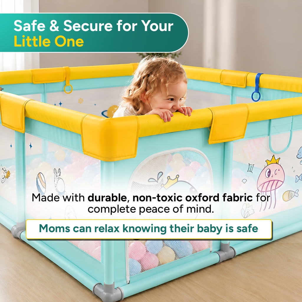 CAREIT 150 x 150 cm Ocean Theme Baby Playpen for Kids | Large Safety Play Yard with Zipper Door, 360° Breathable Mesh, Anti-Slip Base & Soft Foam Padded Corners | Indoor Activity Center (Blue & Yellow)