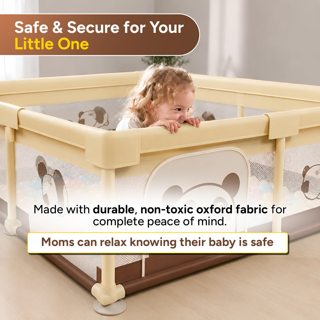 CAREIT Panda Baby Playpen 150 x 150 cm | Safe Baby Play Yard with Breathable Mesh & Zipper Door