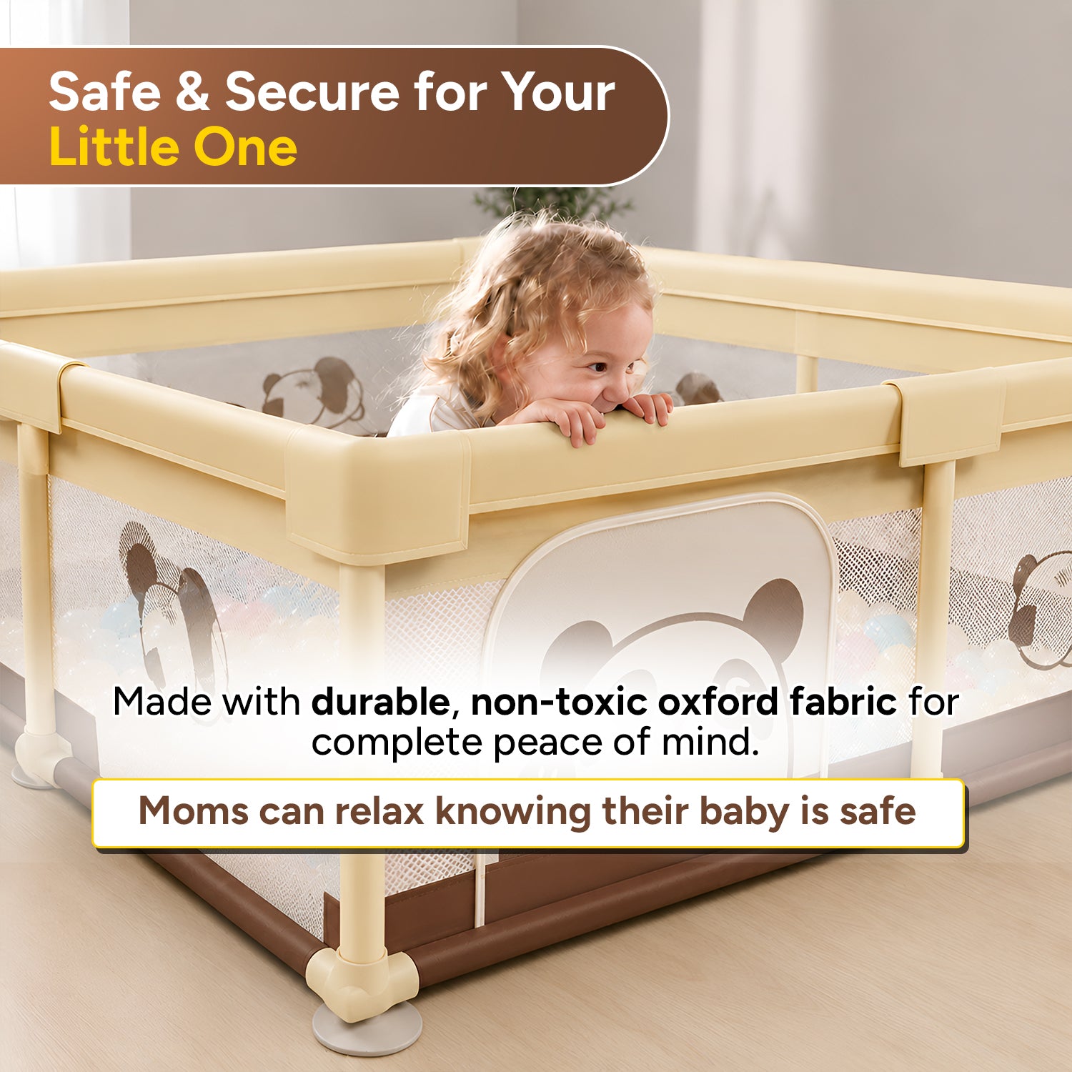 CAREIT Panda Baby Playpen 150 x 150 cm | Safe Baby Play Yard with Breathable Mesh & Zipper Door