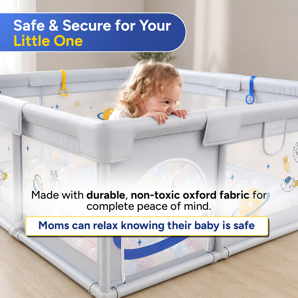 CAREIT 150 × 150 cm Premium Baby Playpen for Toddlers | Soft Safety Foam | 360° Breathable Mesh | Zipper Door | Non-Toxic Oxford Fabric | Indoor Play Yard with Pull-Up Rings (Space Theme, Urban Grey)