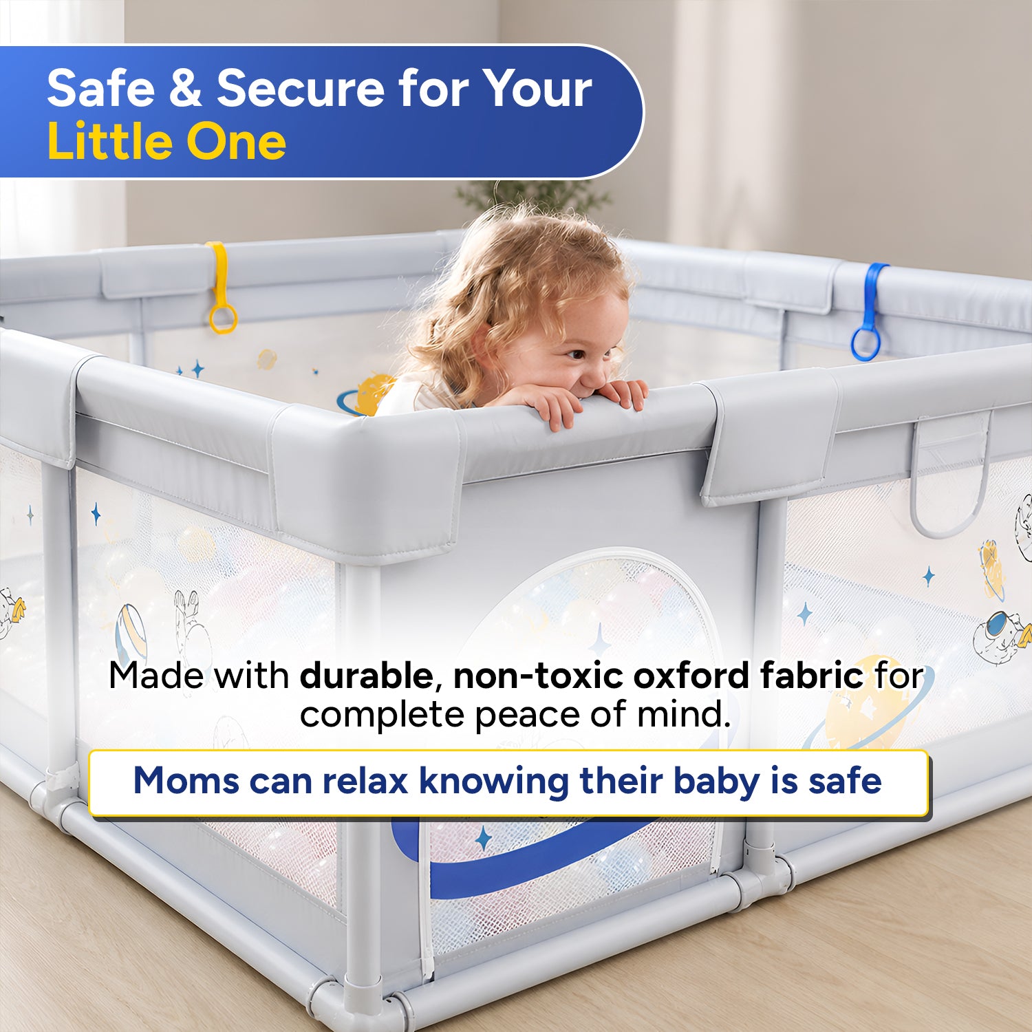 CAREIT 150 × 150 cm Premium Baby Playpen for Toddlers | Soft Safety Foam | 360° Breathable Mesh | Zipper Door | Non-Toxic Oxford Fabric | Indoor Play Yard with Pull-Up Rings (Space Theme, Urban Grey)