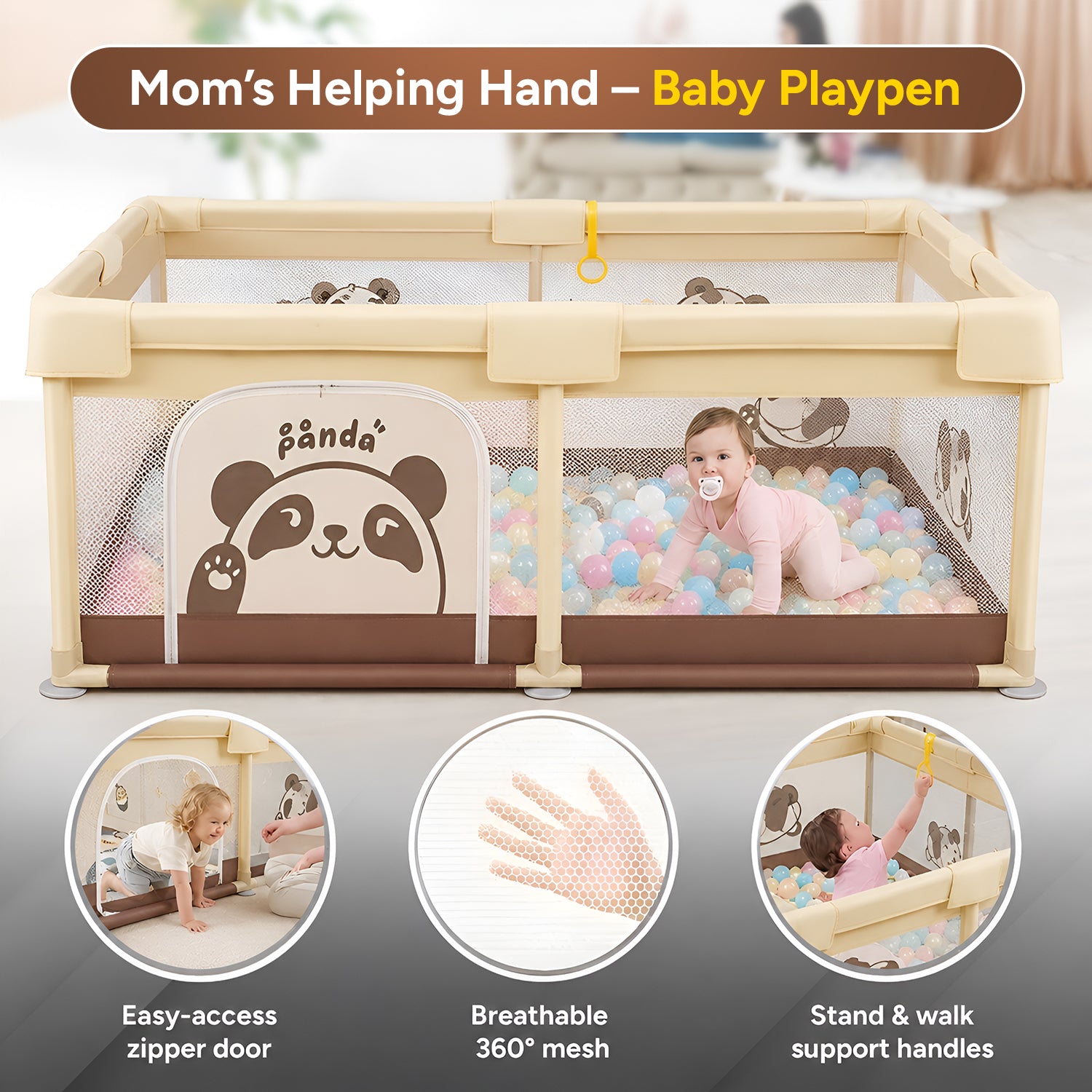 CAREIT Panda Baby Playpen 150 x 150 cm | Safe Baby Play Yard with Breathable Mesh & Zipper Door