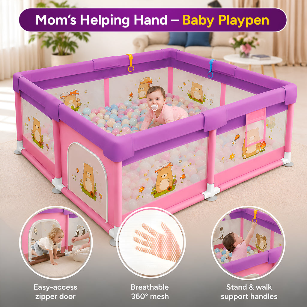 CAREIT 150 x 150 cm Baby Playpen for Kids | Safe Indoor Activity Center with 360° Breathable Mesh, Zipper Door, Soft Padded Frame & Anti-Slip Base | Pink & Purple