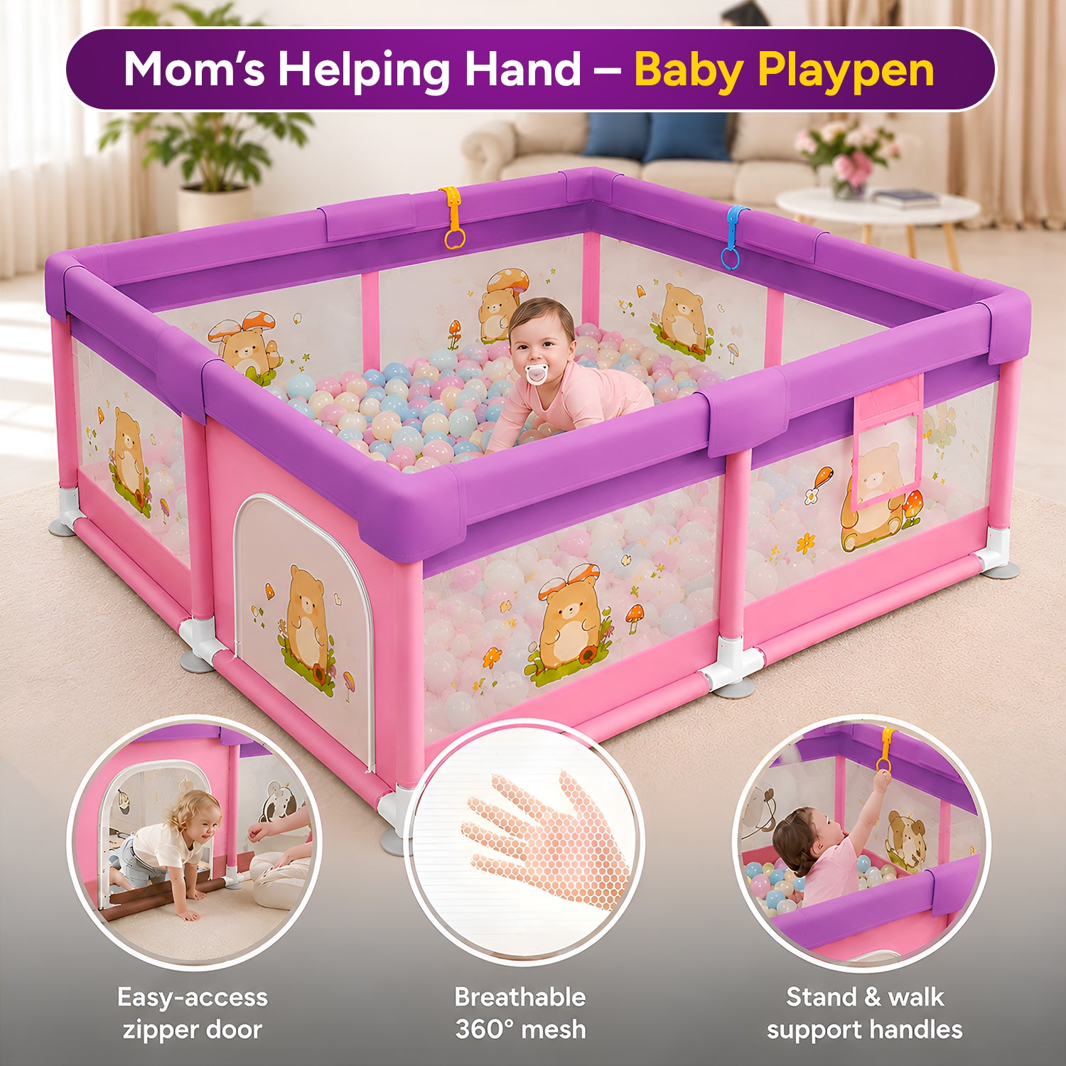 CAREIT 150 x 150 cm Baby Playpen for Kids | Safe Indoor Activity Center with 360° Breathable Mesh, Zipper Door, Soft Padded Frame & Anti-Slip Base | Pink & Purple