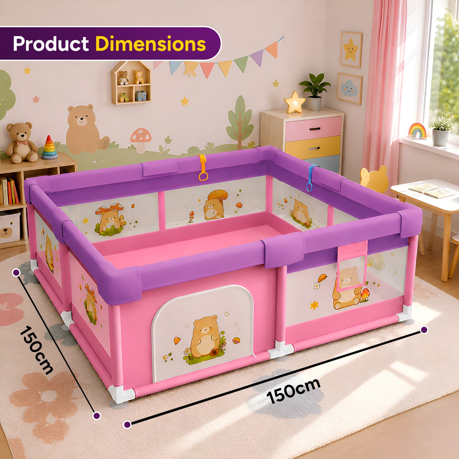CAREIT 150 x 150 cm Baby Playpen for Kids | Safe Indoor Activity Center with 360° Breathable Mesh, Zipper Door, Soft Padded Frame & Anti-Slip Base | Pink & Purple