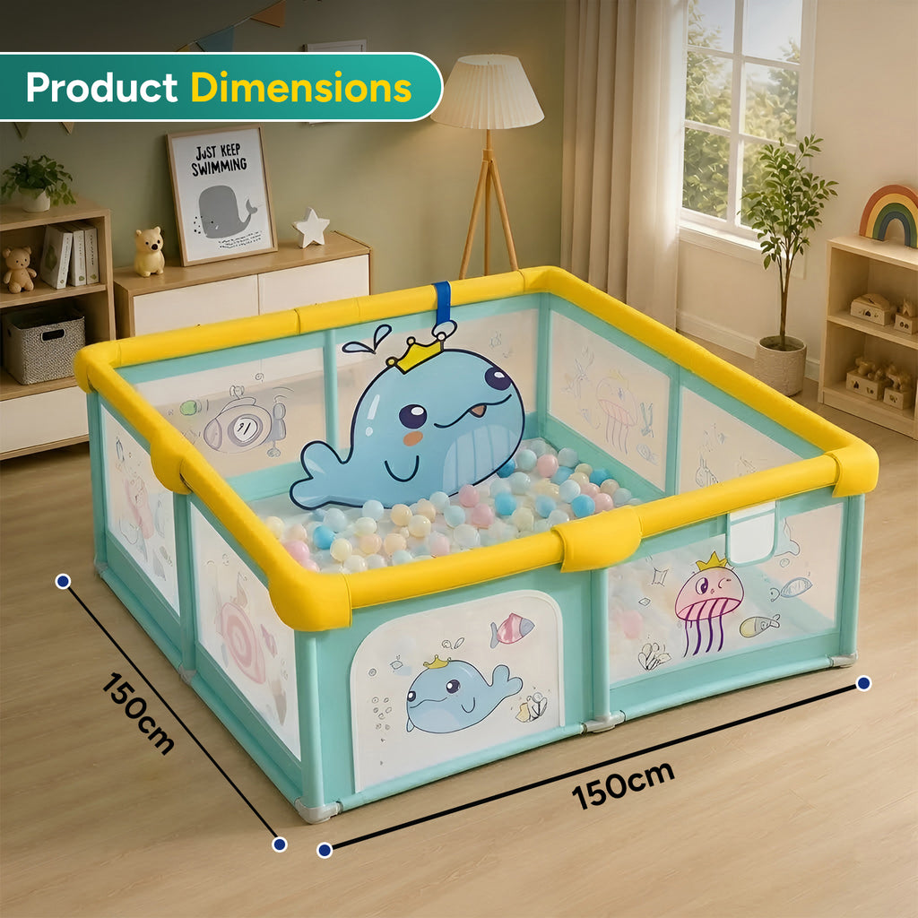 CAREIT 150 x 150 cm Ocean Theme Baby Playpen for Kids | Large Safety Play Yard with Zipper Door, 360° Breathable Mesh, Anti-Slip Base & Soft Foam Padded Corners | Indoor Activity Center (Blue & Yellow)