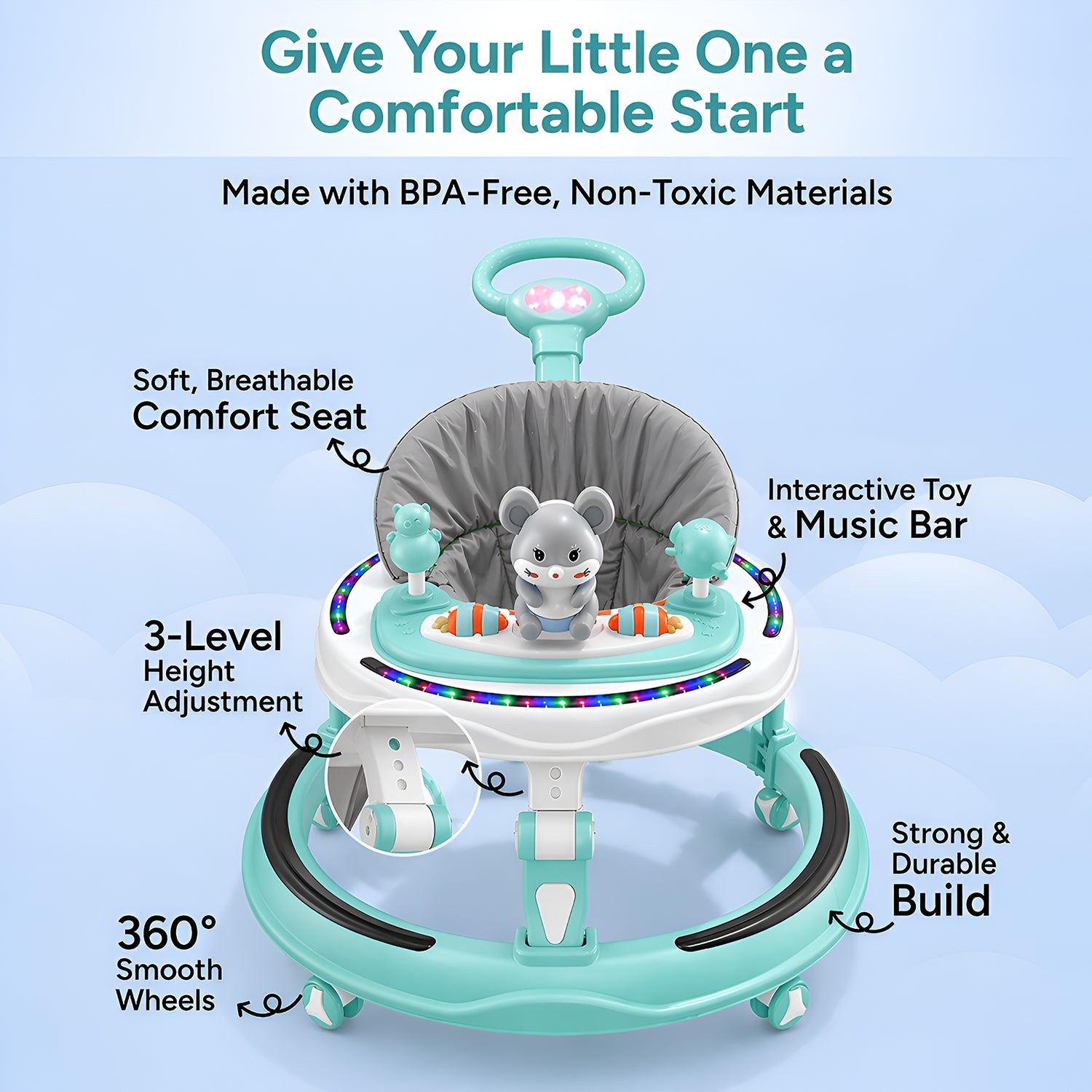 Musical Walker With Parent Rod (Sea Green)