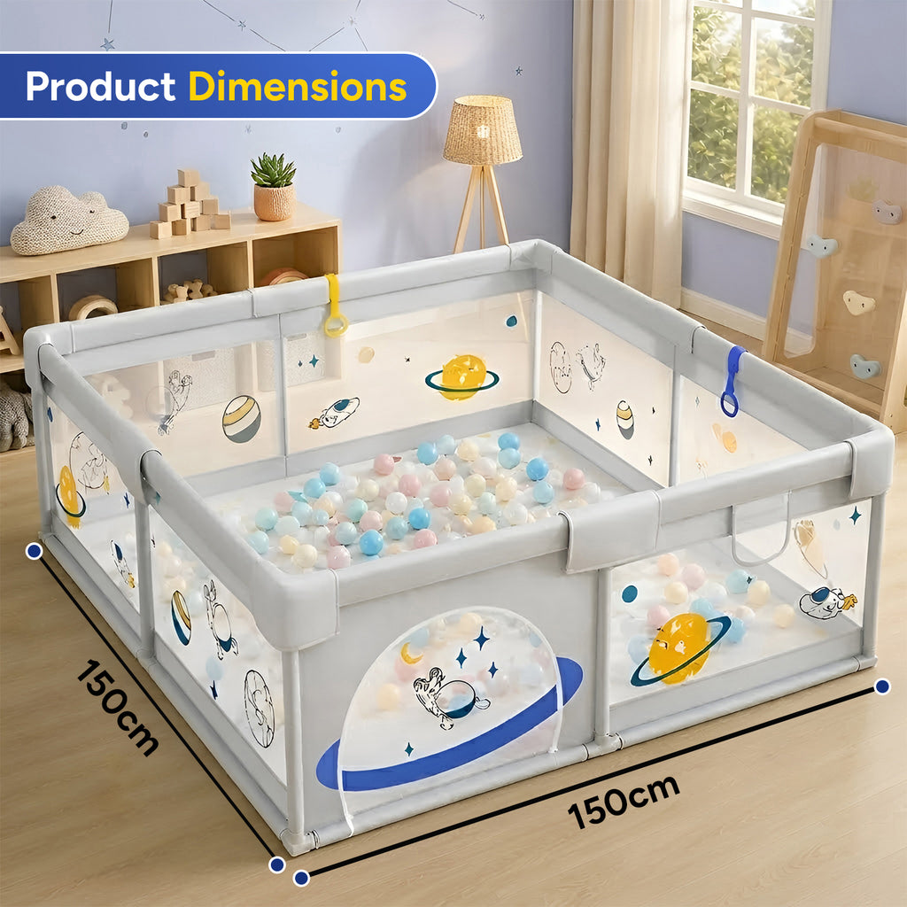 CAREIT 150 × 150 cm Premium Baby Playpen for Toddlers | Soft Safety Foam | 360° Breathable Mesh | Zipper Door | Non-Toxic Oxford Fabric | Indoor Play Yard with Pull-Up Rings (Space Theme, Urban Grey)
