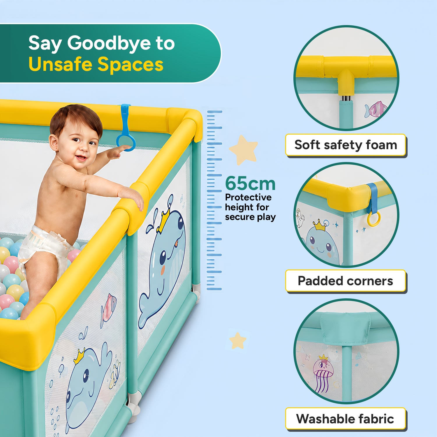 CAREIT 150 x 150 cm Ocean Theme Baby Playpen for Kids | Large Safety Play Yard with Zipper Door, 360° Breathable Mesh, Anti-Slip Base & Soft Foam Padded Corners | Indoor Activity Center (Blue & Yellow)