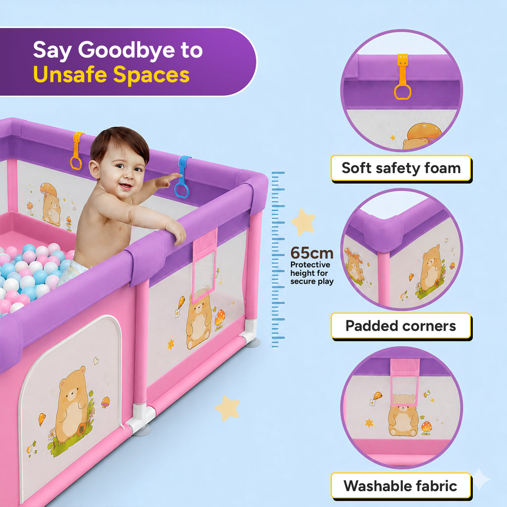 CAREIT 150 x 150 cm Baby Playpen for Kids | Safe Indoor Activity Center with 360° Breathable Mesh, Zipper Door, Soft Padded Frame & Anti-Slip Base | Pink & Purple
