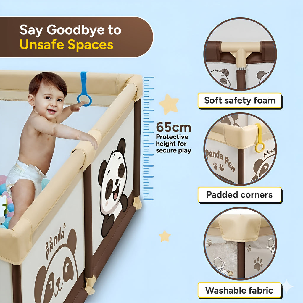 CAREIT Panda Baby Playpen 150 x 150 cm | Safe Baby Play Yard with Breathable Mesh & Zipper Door