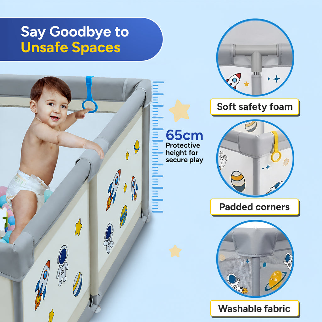 CAREIT 150 × 150 cm Premium Baby Playpen for Toddlers | Soft Safety Foam | 360° Breathable Mesh | Zipper Door | Non-Toxic Oxford Fabric | Indoor Play Yard with Pull-Up Rings (Space Theme, Urban Grey)