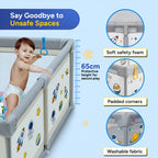 CAREIT 150 × 150 cm Premium Baby Playpen for Toddlers | Soft Safety Foam | 360° Breathable Mesh | Zipper Door | Non-Toxic Oxford Fabric | Indoor Play Yard with Pull-Up Rings (Space Theme, Urban Grey)