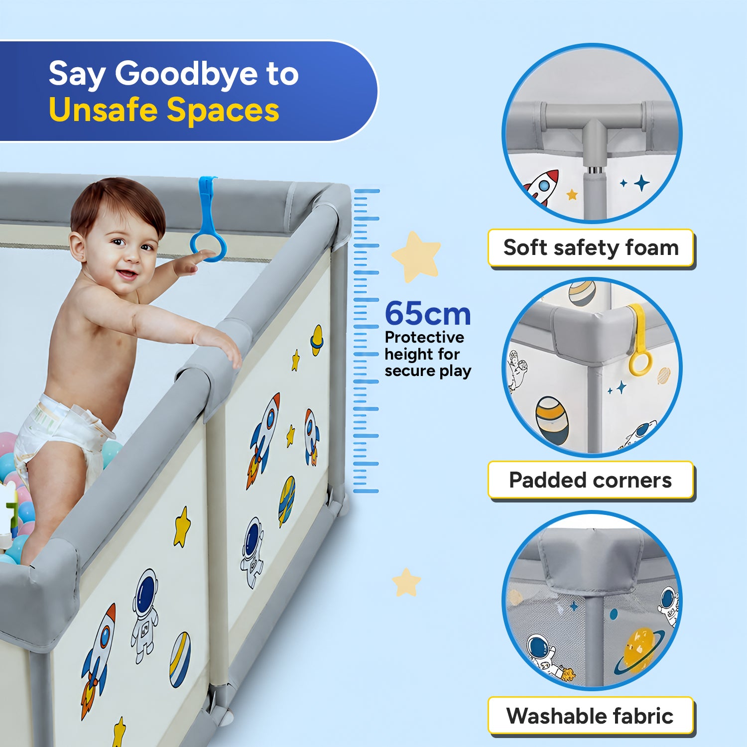 CAREIT 150 × 150 cm Premium Baby Playpen for Toddlers | Soft Safety Foam | 360° Breathable Mesh | Zipper Door | Non-Toxic Oxford Fabric | Indoor Play Yard with Pull-Up Rings (Space Theme, Urban Grey)