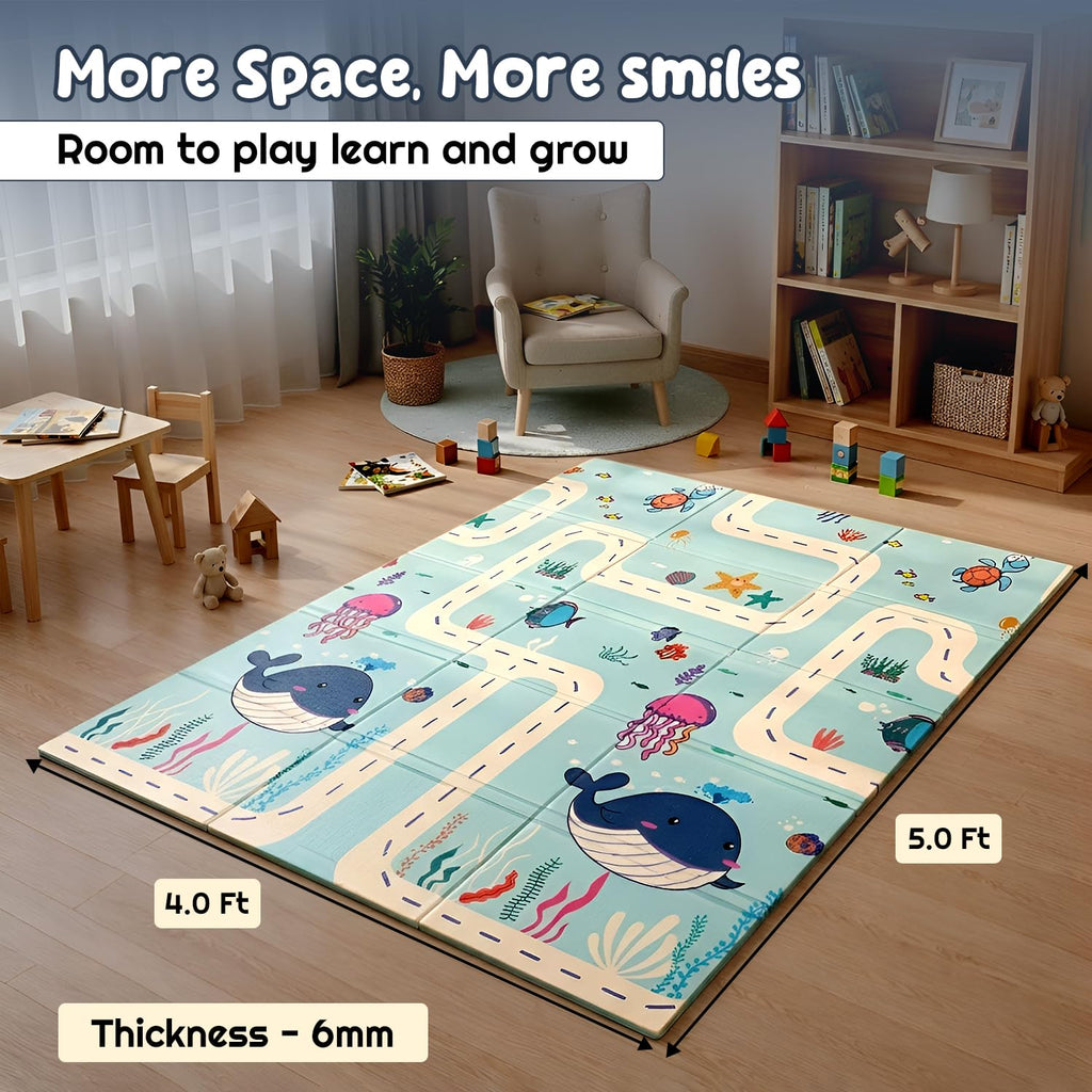 CAREIT Extra Large Baby Play Mat 5 x 4 Feet | Blue Whale & Sea Theme Waterproof Foldable Foam Crawling Mat | BPA-Free Safety Floor Mat for Babies & Toddlers