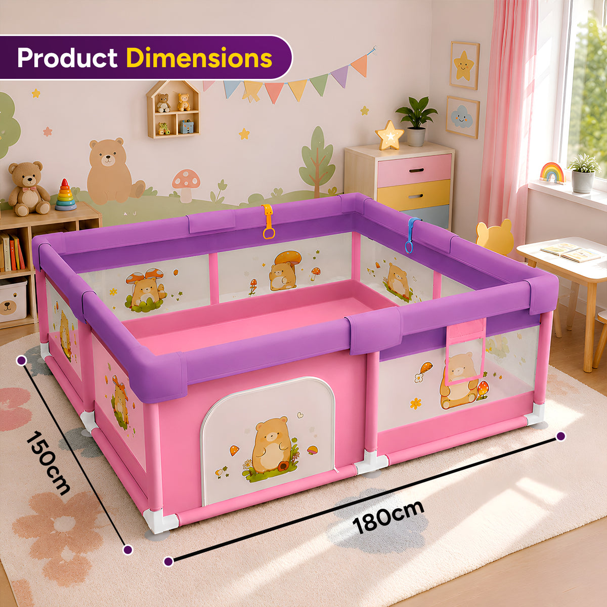 CAREIT Baby Playpen for Kids | Safe Indoor Activity Center with 360° Breathable Mesh, Zipper Door, Soft Padded Frame & Anti-Slip Base | Pink & Purple