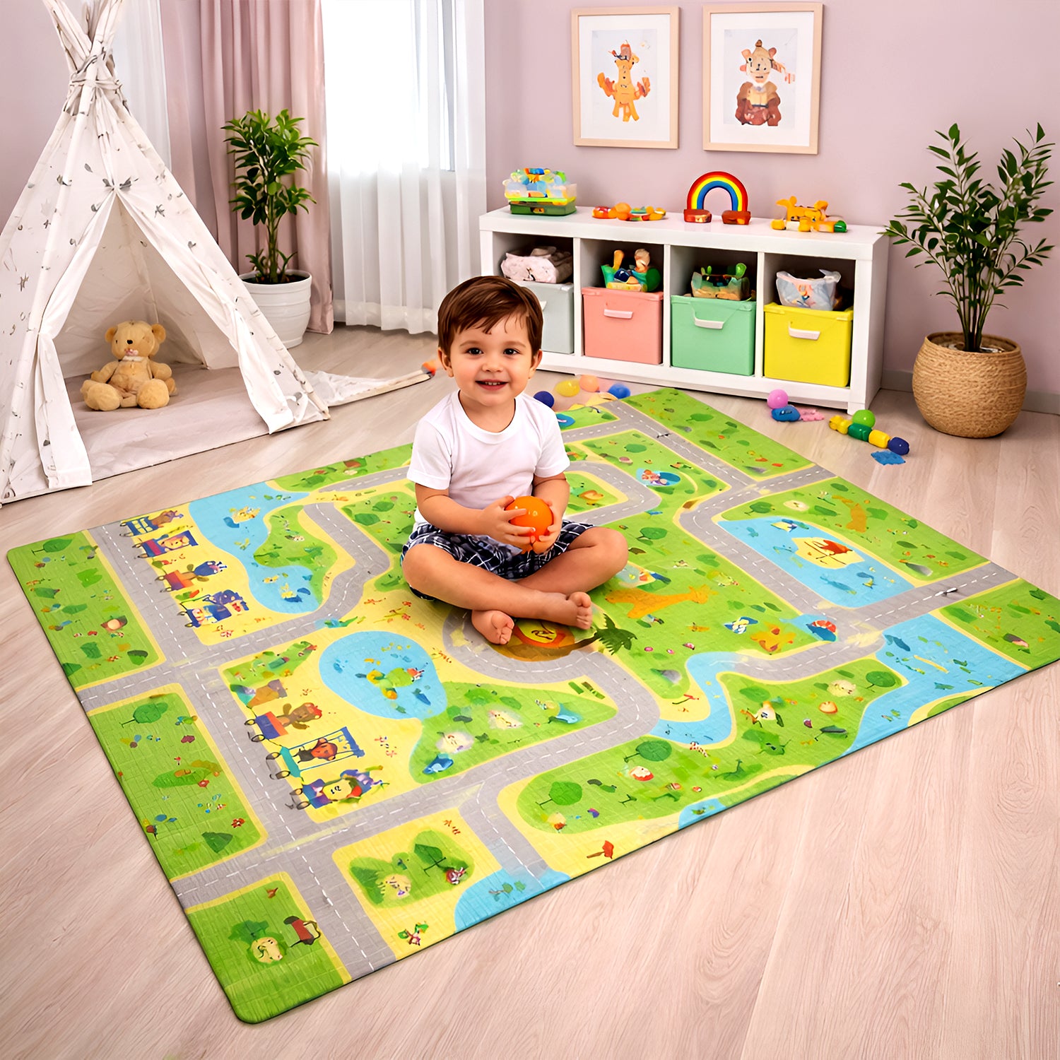 CAREIT Extra Large Baby Play Mat 6 x 5 Feet | Roads & Town Theme Waterproof Foldable Foam Crawling Mat | BPA-Free Safety Floor Mat for Babies & Toddlers