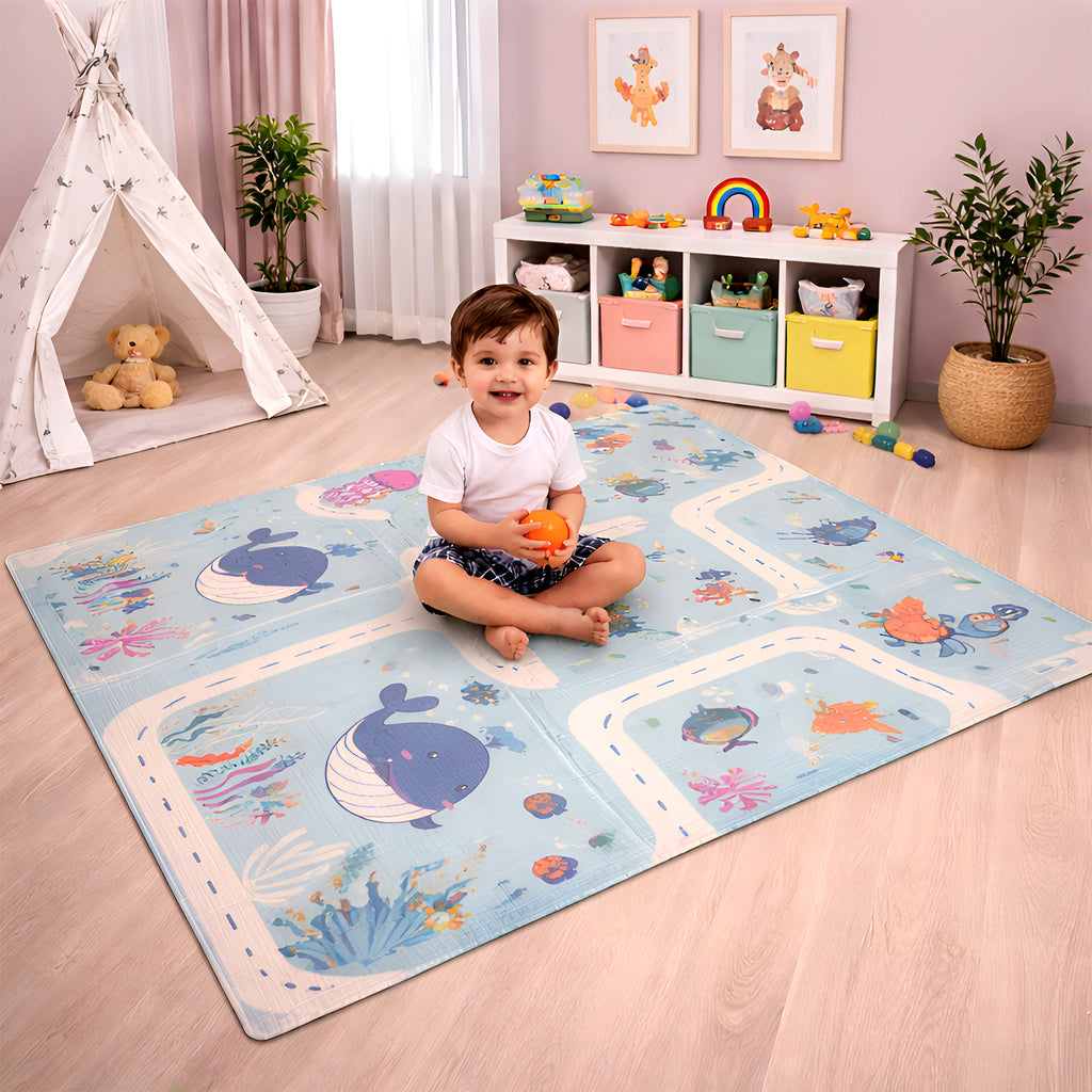 CAREIT Extra Large Baby Play Mat 6.5 x 5 Feet | Blue Whale & Sea Theme Waterproof Foldable Foam Crawling Mat | BPA-Free Safety Floor Mat for Babies & Toddlers