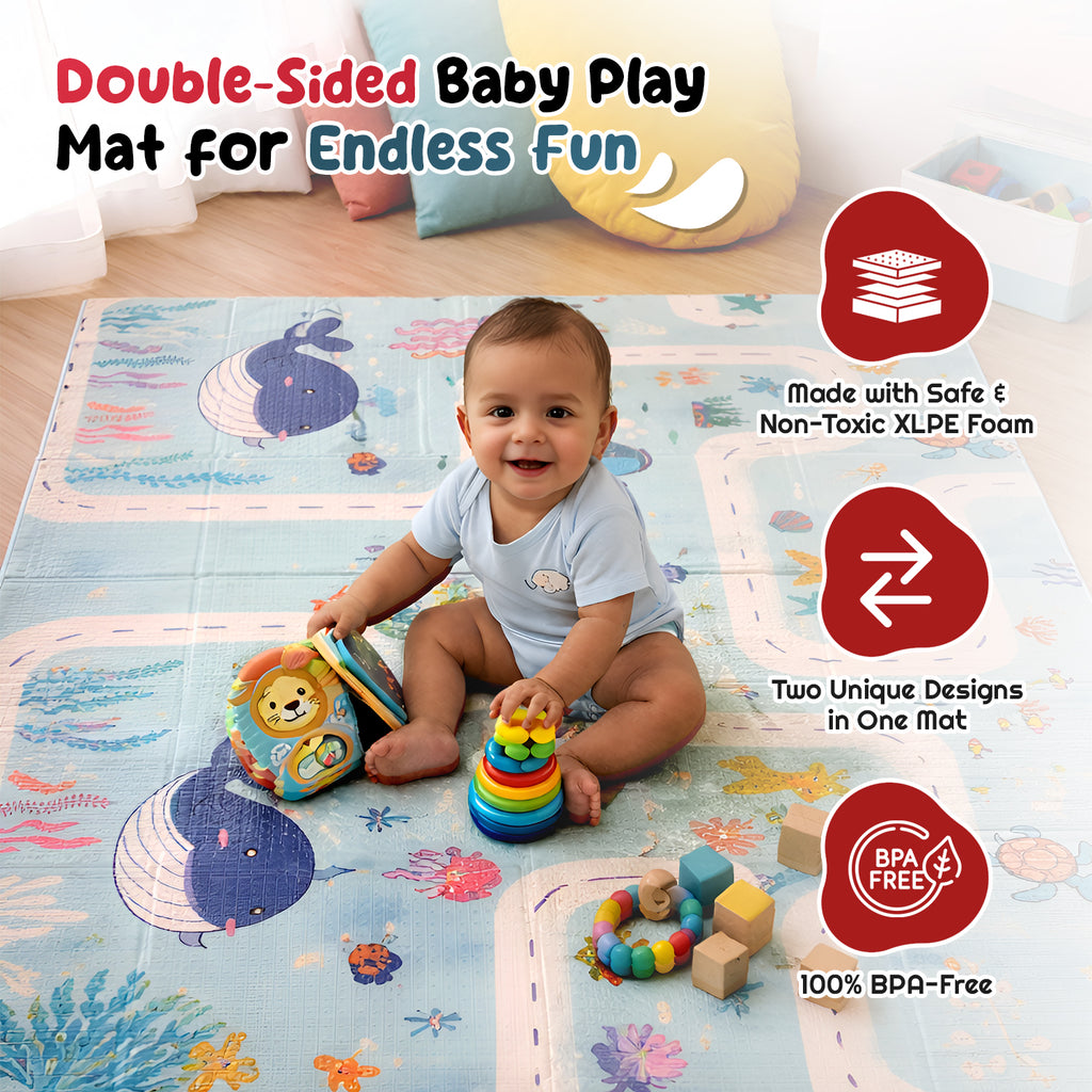 CAREIT Extra Large Baby Play Mat 6.5 x 5 Feet | Blue Whale & Sea Theme Waterproof Foldable Foam Crawling Mat | BPA-Free Safety Floor Mat for Babies & Toddlers