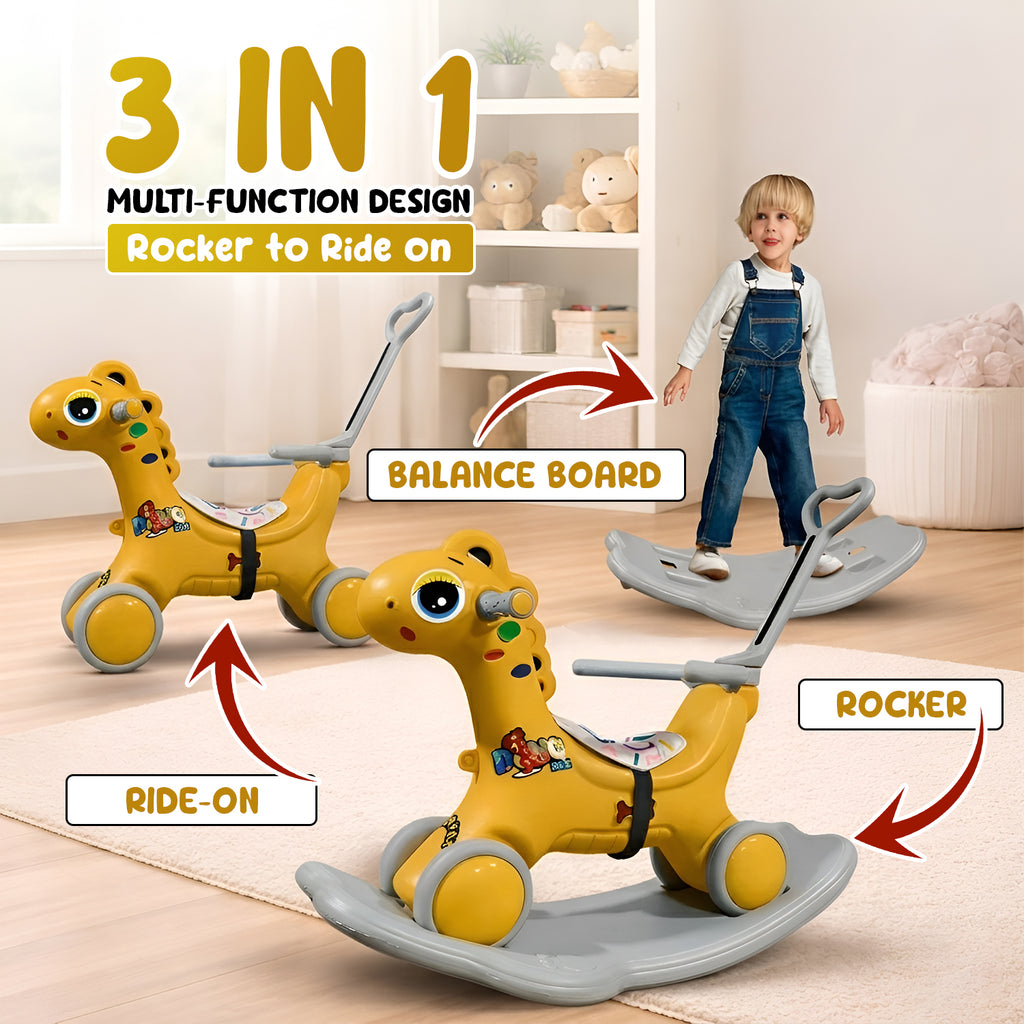 CAREIT 3-in-1 Ride-On Dino Rocker for Kids – Dinosaur Rocking Toy, Ride-On Car & Balance Board with Parent Handle (Yellow)