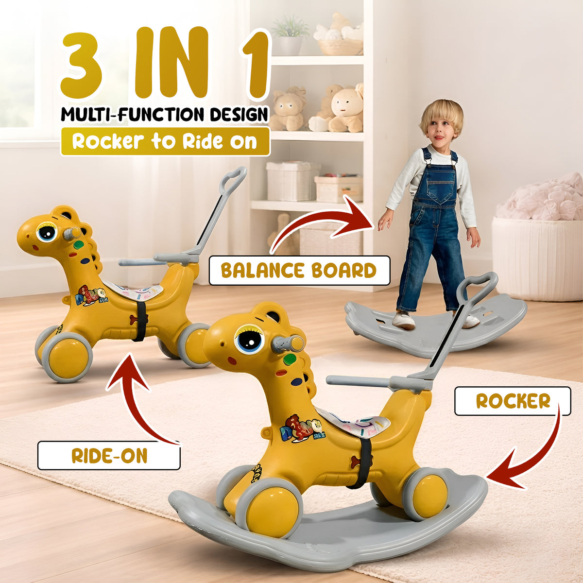CAREIT 3-in-1 Ride-On Dino Rocker for Kids – Dinosaur Rocking Toy, Ride-On Car & Balance Board with Parent Handle (Yellow)