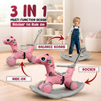 CAREIT 3-in-1 Ride-On Dino Rocker for Kids – Dinosaur Rocking Toy, Ride-On Car & Balance Board with Parent Handle (Pink)