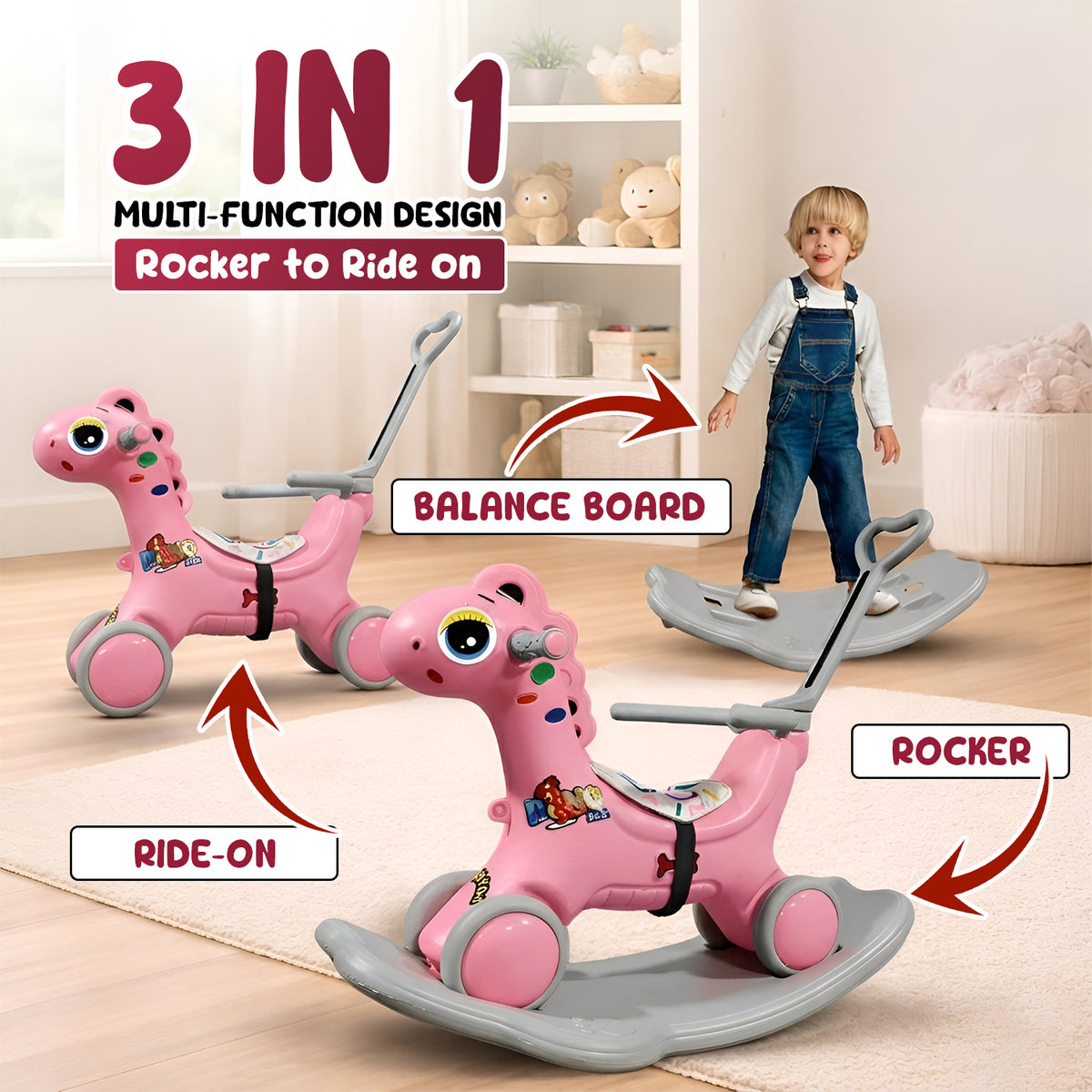 CAREIT 3-in-1 Ride-On Dino Rocker for Kids – Dinosaur Rocking Toy, Ride-On Car & Balance Board with Parent Handle (Pink)