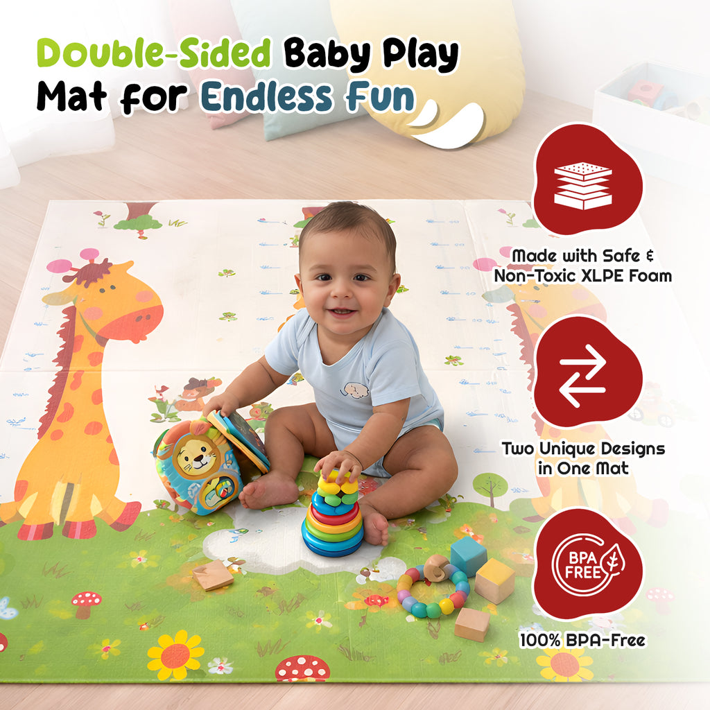 CAREIT Extra Large Baby Play Mat 6.5 x 5 Feet | Foldable Waterproof Foam Crawling Mat with Giraffe Theme | BPA-Free Safety Floor Mat for Babies