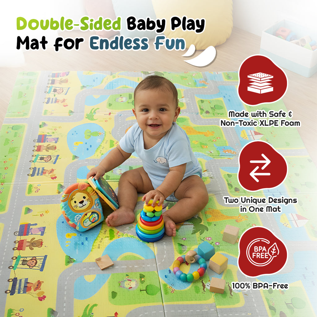 CAREIT Extra Large Baby Play Mat 6 x 5 Feet | Roads & Town Theme Waterproof Foldable Foam Crawling Mat | BPA-Free Safety Floor Mat for Babies & Toddlers