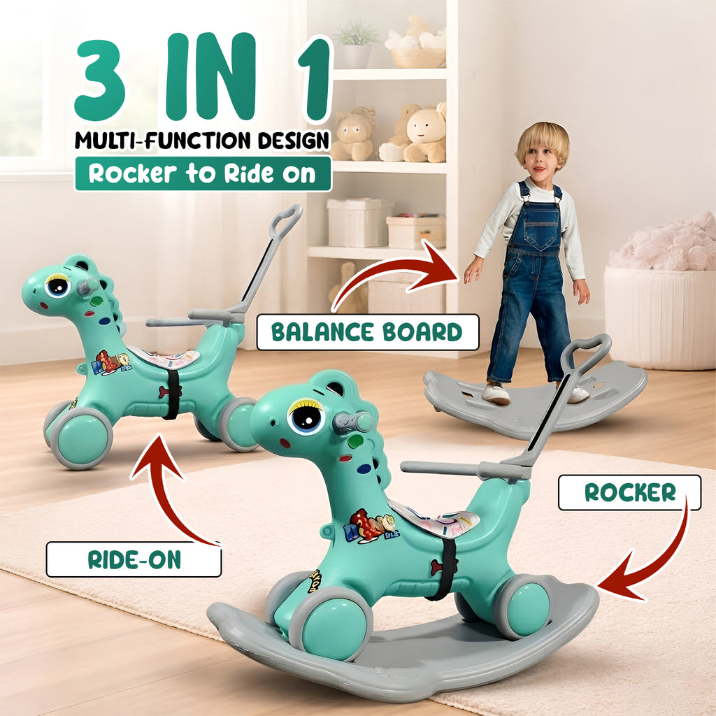 CAREIT 3-in-1 Ride-On Dino Rocker for Kids – Dinosaur Rocking Toy, Ride-On Car & Balance Board with Parent Handle (Sea Green)