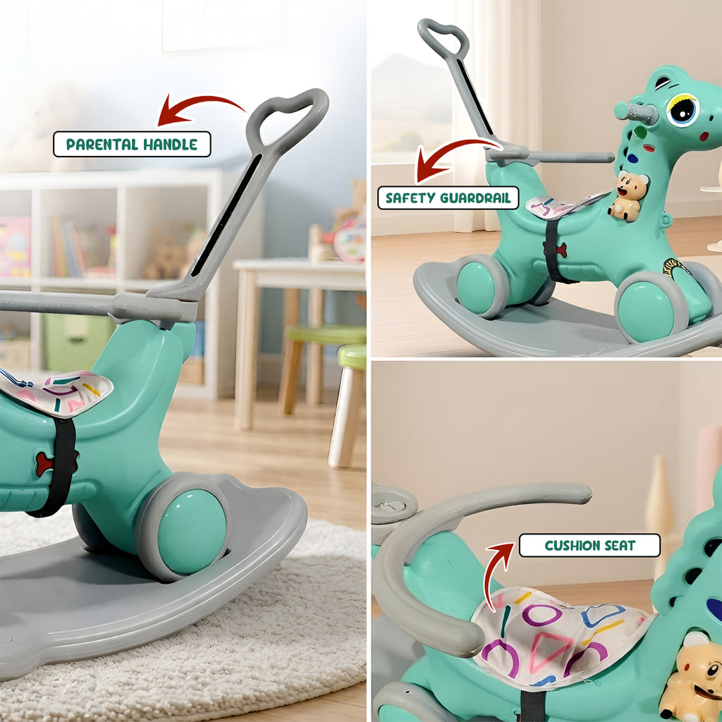 CAREIT 3-in-1 Ride-On Dino Rocker for Kids – Dinosaur Rocking Toy, Ride-On Car & Balance Board with Parent Handle (Sea Green)