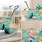 CAREIT 3-in-1 Ride-On Dino Rocker for Kids – Dinosaur Rocking Toy, Ride-On Car & Balance Board with Parent Handle (Sea Green)