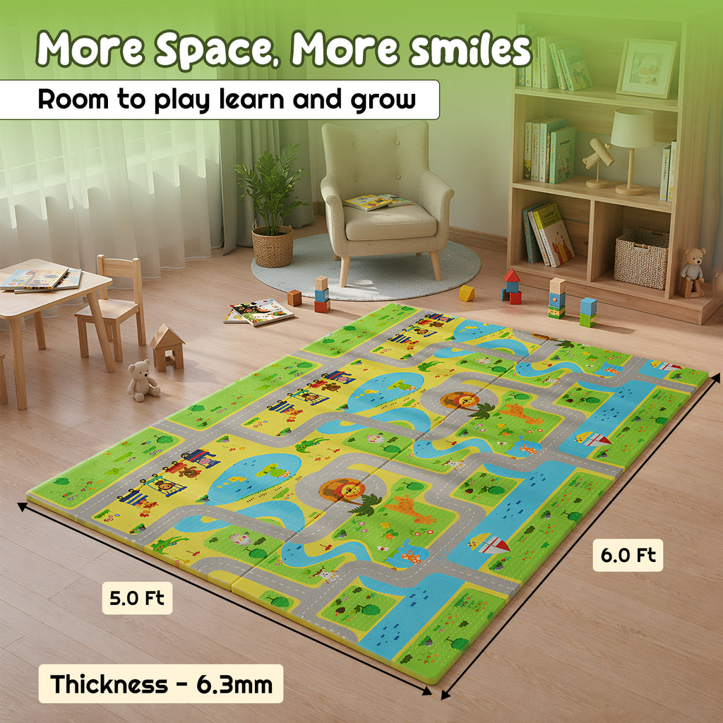 CAREIT Extra Large Baby Play Mat 6 x 5 Feet | Roads & Town Theme Waterproof Foldable Foam Crawling Mat | BPA-Free Safety Floor Mat for Babies & Toddlers