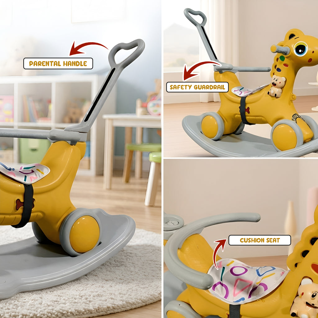 CAREIT 3-in-1 Ride-On Dino Rocker for Kids – Dinosaur Rocking Toy, Ride-On Car & Balance Board with Parent Handle (Yellow)