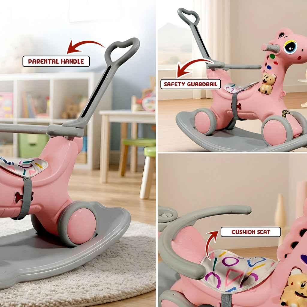 CAREIT 3-in-1 Ride-On Dino Rocker for Kids – Dinosaur Rocking Toy, Ride-On Car & Balance Board with Parent Handle (Pink)