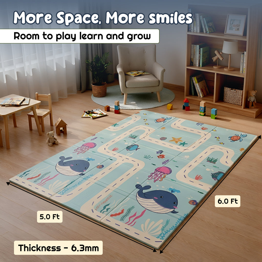 CAREIT Extra Large Baby Play Mat 6.5 x 5 Feet | Blue Whale & Sea Theme Waterproof Foldable Foam Crawling Mat | BPA-Free Safety Floor Mat for Babies & Toddlers