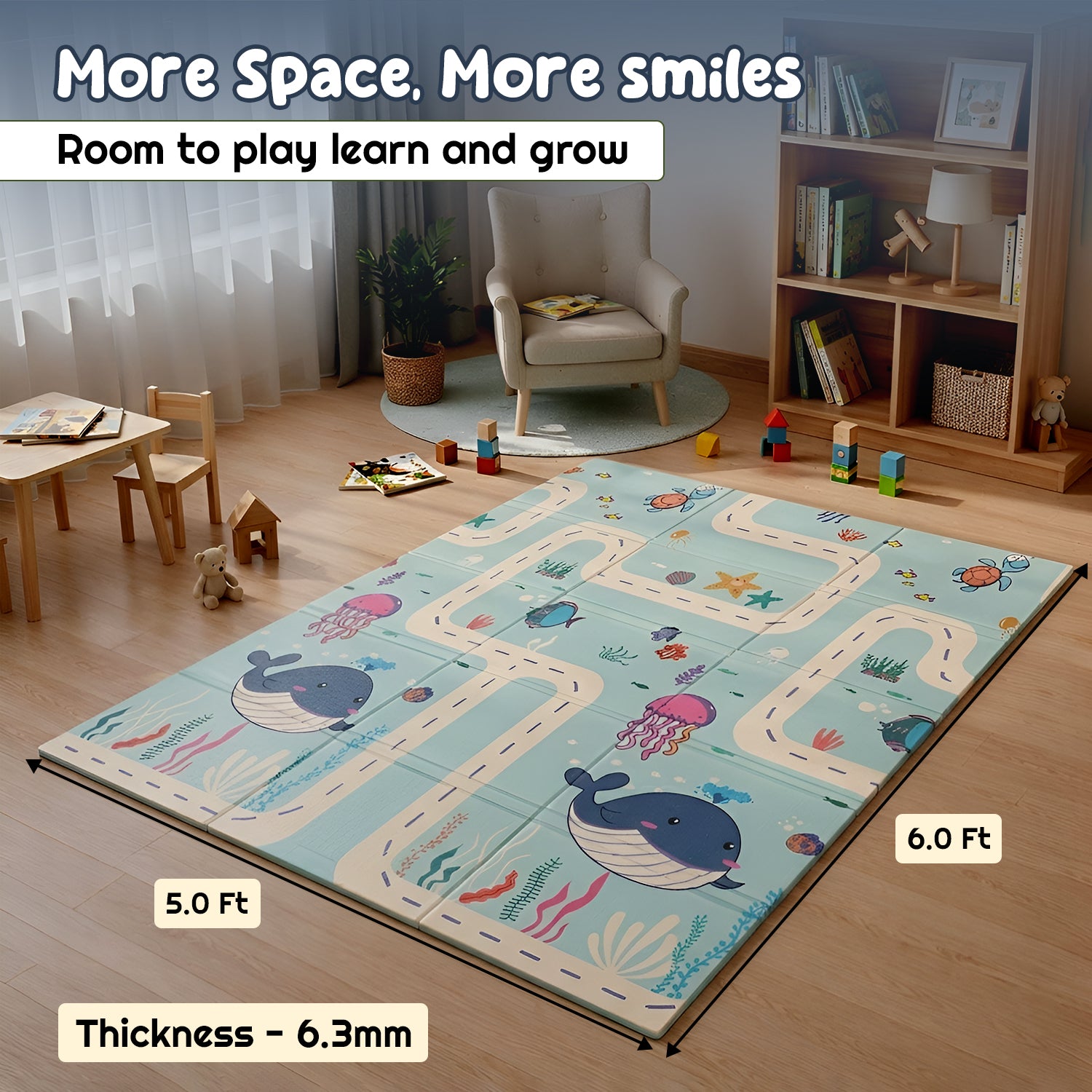 CAREIT Extra Large Baby Play Mat 6.5 x 5 Feet | Blue Whale & Sea Theme Waterproof Foldable Foam Crawling Mat | BPA-Free Safety Floor Mat for Babies & Toddlers