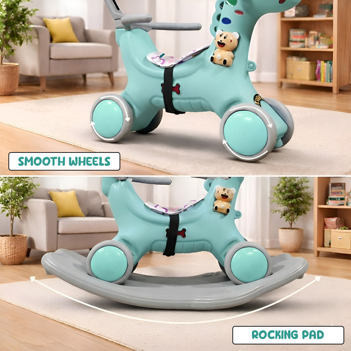 CAREIT 3-in-1 Ride-On Dino Rocker for Kids – Dinosaur Rocking Toy, Ride-On Car & Balance Board with Parent Handle (Sea Green)