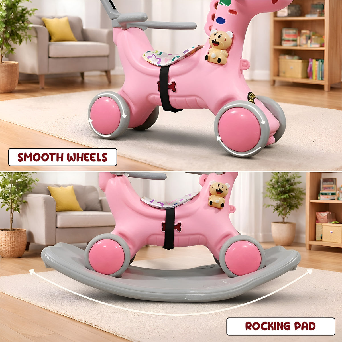 CAREIT 3-in-1 Ride-On Dino Rocker for Kids – Dinosaur Rocking Toy, Ride-On Car & Balance Board with Parent Handle (Pink)