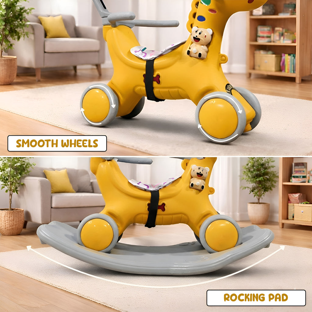 CAREIT 3-in-1 Ride-On Dino Rocker for Kids – Dinosaur Rocking Toy, Ride-On Car & Balance Board with Parent Handle (Yellow)
