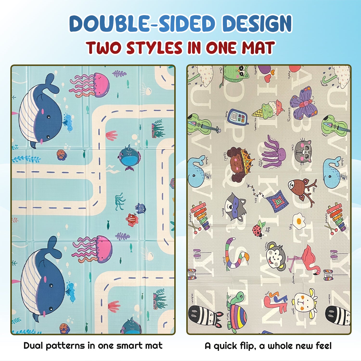 CAREIT Extra Large Baby Play Mat 6.5 x 5 Feet | Blue Whale & Sea Theme Waterproof Foldable Foam Crawling Mat | BPA-Free Safety Floor Mat for Babies & Toddlers
