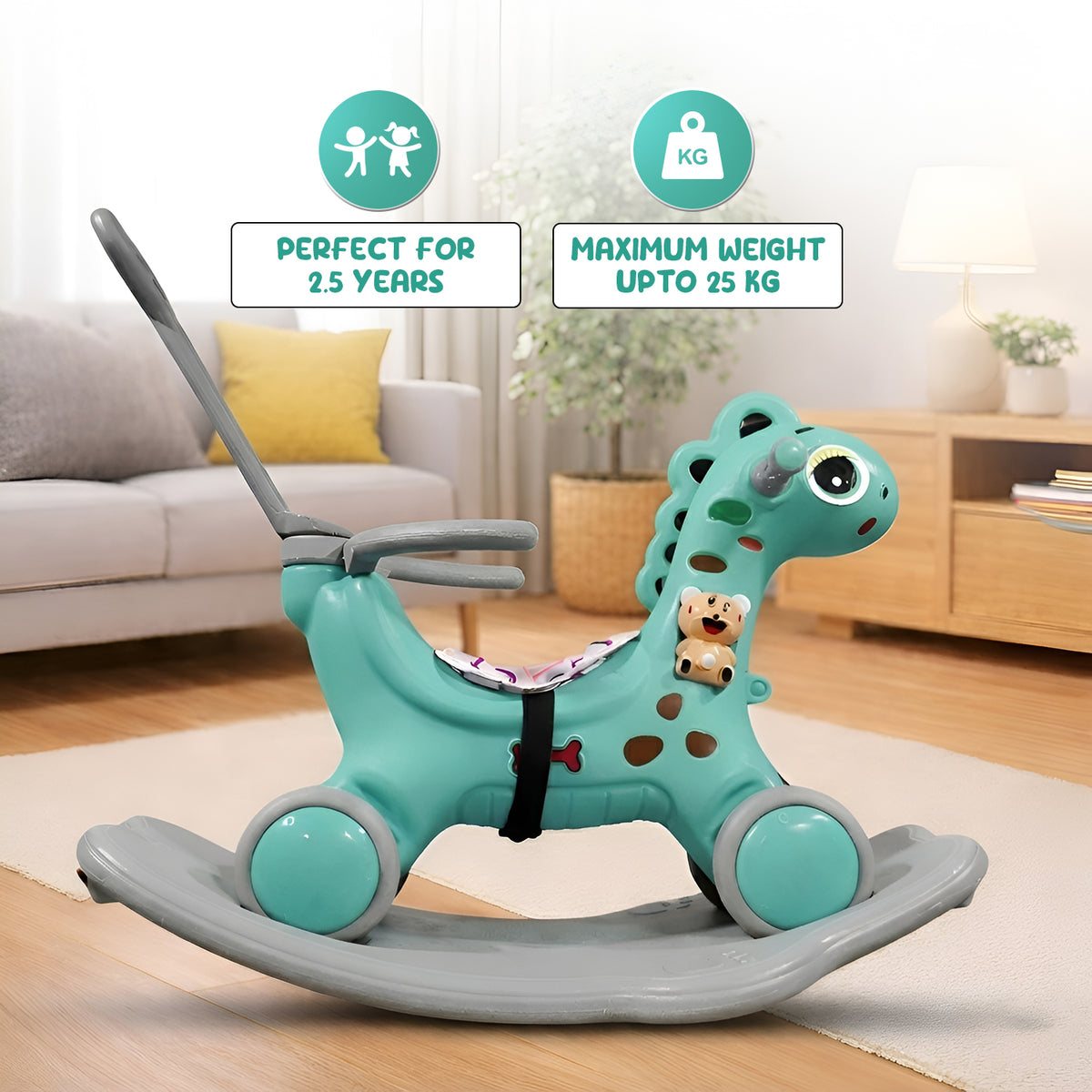 CAREIT 3-in-1 Ride-On Dino Rocker for Kids – Dinosaur Rocking Toy, Ride-On Car & Balance Board with Parent Handle (Sea Green)