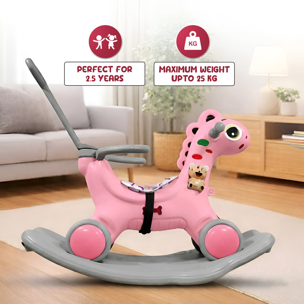 CAREIT 3-in-1 Ride-On Dino Rocker for Kids – Dinosaur Rocking Toy, Ride-On Car & Balance Board with Parent Handle (Pink)