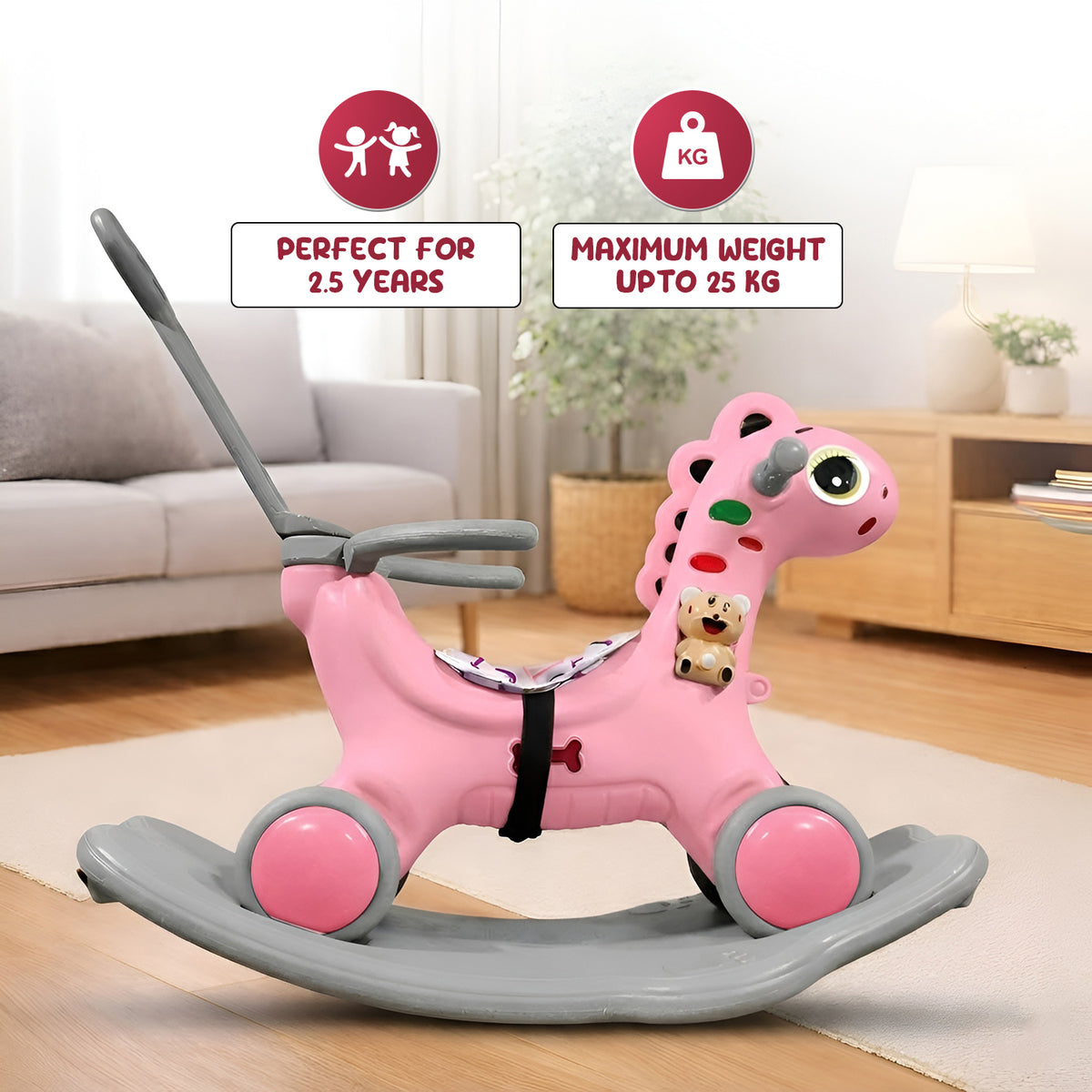 CAREIT 3-in-1 Ride-On Dino Rocker for Kids – Dinosaur Rocking Toy, Ride-On Car & Balance Board with Parent Handle (Pink)