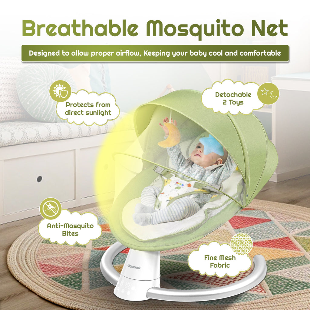 CAREIT Automatic Baby Swing Rocker with 5 Swing Angles, Bluetooth Music, Remote &amp; Touch Control, 3 Timer Modes, Mosquito Net, Washable Seat Cover &amp; 12 KG Capacity – Green