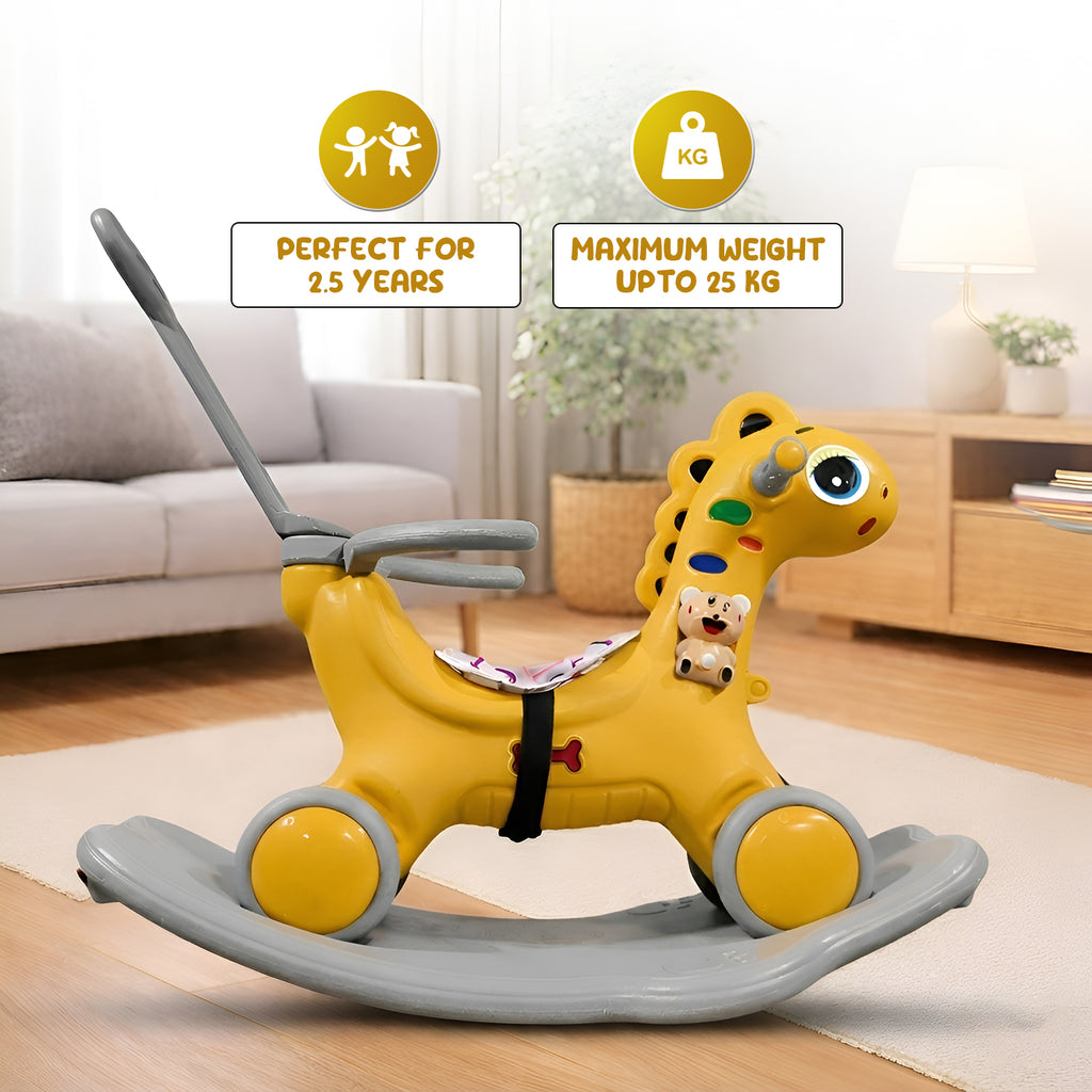CAREIT 3-in-1 Ride-On Dino Rocker for Kids – Dinosaur Rocking Toy, Ride-On Car & Balance Board with Parent Handle (Yellow)
